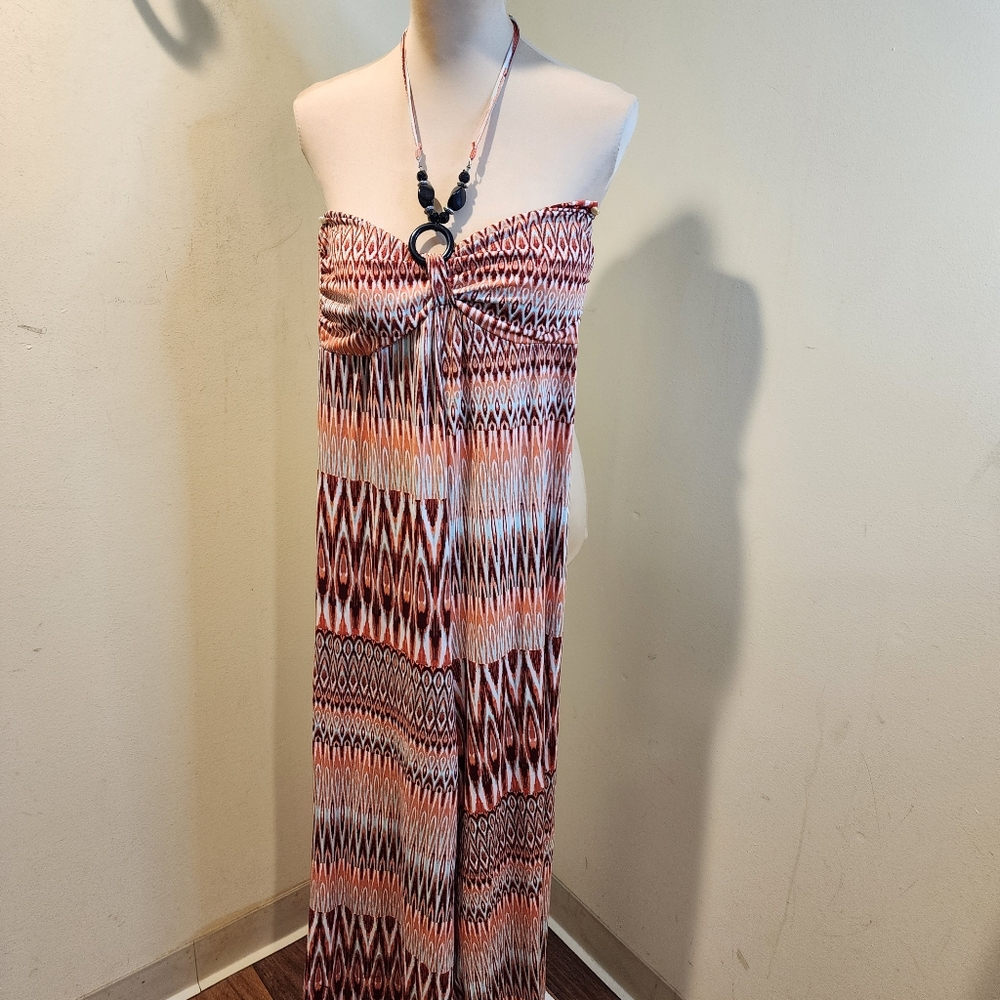 LOVW Strapless Halter Boho Jumpsuit in Rust & Cream - Elegant Ikat Print Size S